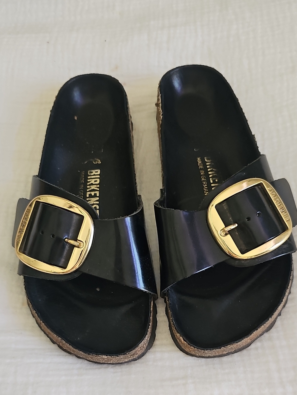Birkenstock Black Patent Madrid Sandals with Gold Buckles